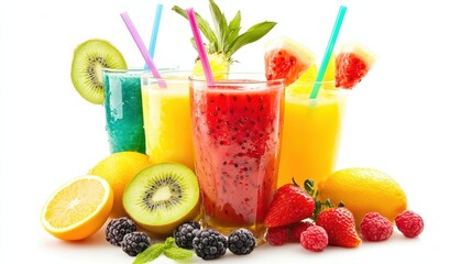 Refreshing Fruit Juices with Colorful Straws and Fresh Ingredients