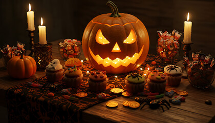 Spooky Halloween Feast: Illuminated Pumpkin, Cupcakes, and Candy Display