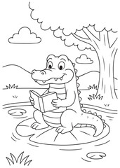 Coloring book crocodile reading a book on a lily pad under a tree.