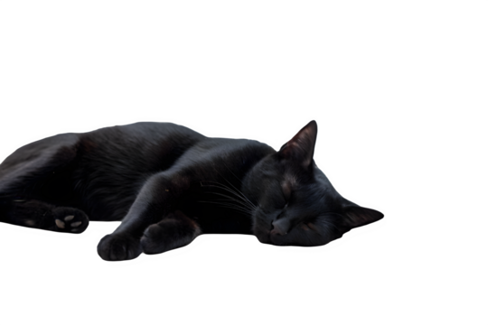 Black cat sleeping on the floor isolated on white background