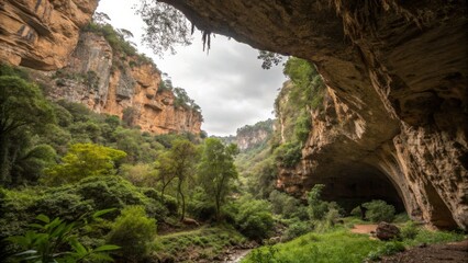 Explore a hidden natural wonder a lush gorge with towering cliffs and a mysterious cave entrance