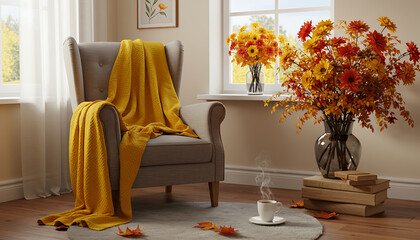 Cozy fall armchair setting with golden yellow blanket and autumn florals