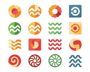 Modern abstract circular frame featuring halftone wave lines in a vivid color palette of black red yellow cyan and magenta for graphic design projects