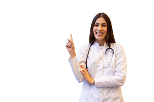 Female doctor wearing lab coat and stethoscope pointing upwards with index finger, smiling on a transparent background