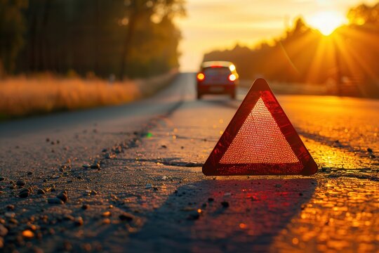 Warning triangle on a country road at sunset with a stopped car in the background. Roadside emergency or vehicle breakdown concept.

 - Powered by Adobe