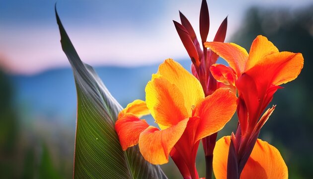 a dreamy scene of a vibrant close up of canna indica flowers with rich colors and textures