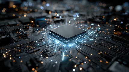Close up view of modern microchip surrounded by intricate circuits and glowing blue neon lights, showcasing advanced technology and innovation electronics. image evokes sense of futuristic design