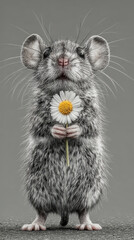 Tiny mouse holding daisy, showcasing cute and endearing expression against blank background. This charming scene captures essence of innocence and nature beauty