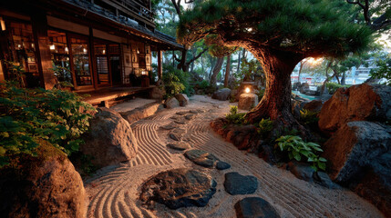 Tranquil zen garden featuring raked sand, stone path, and serene tree, creating peaceful atmosphere perfect for relaxation and meditation