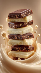 Delicious chocolate bars stacked vertically, showcasing variety of textures and colors, surrounded by creamy splash, evoking sense of indulgence and sweetness