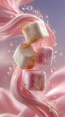 Colorful marshmallows floating in soft, airy background with gentle wave of pink fabric, creating whimsical and dreamy atmosphere