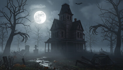 Haunted House Under Moonlight In Graveyard With Eerie Tree Branches