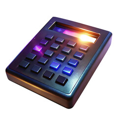 Metallic calculator with illuminated blue and purple buttons and bright screen isolated on a transparent background