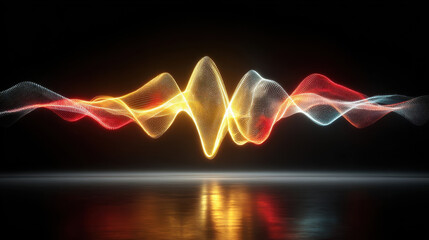 Dynamic sound waves visualization in vibrant colors, showcasing blend of yellow, red, and blue hues against dark background. fluid motion evokes sense of energy and rhythm