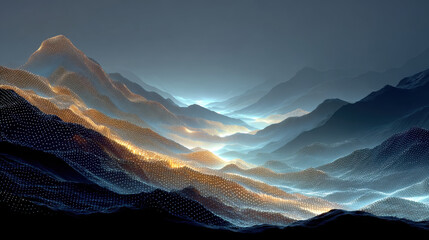 Stunning virtual reality landscape featuring glowing terrain grids, showcasing mesmerizing blend of mountains and valleys illuminated by soft light. scene evokes sense of wonder and tranquility