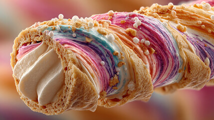 Colorful wafer stick filled with creamy filling, featuring pastel swirls and crunchy toppings, evoking sense of delight and indulgence