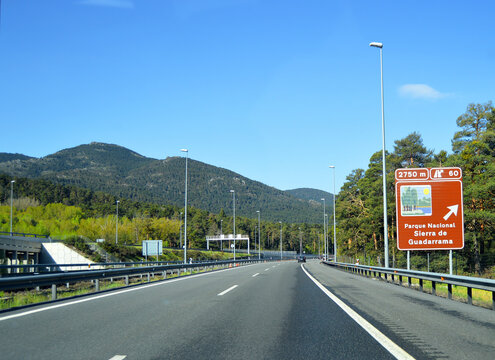 AP-6 Northwest Highway, Community of Madrid, Spain. Exit information panel toward Sierra de Guadarrama National Park