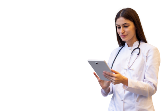 Healthcare professional reviewing medical data on tablet, wearing stethoscope, white background, showcasing digital medical expertise