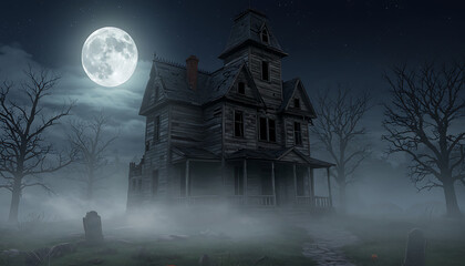 Haunted House Under Full Moon Surrounded by Fog and Tombstones