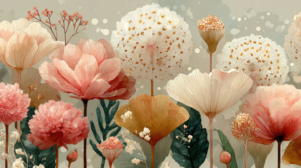 Whimsical floral arrangement featuring various pastel colored flowers and delicate herbs in soft watercolor style, creating serene and enchanting atmosphere