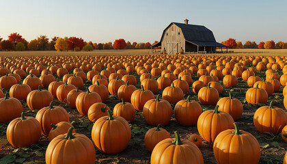 Abundant Pumpkin Patch Harvest Under a Clear Sky with Barn