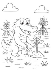 Coloring book crocodile planting a small tree in the wild.