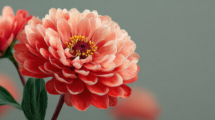 Vibrant zinnia bloom in pink and coral tones showcases intricate petal details against soft background, evoking sense of beauty and tranquility