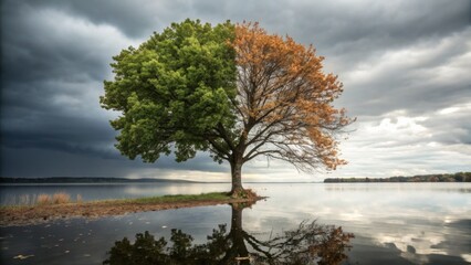 Striking tree shows contrasting seasons, green leaves and autumn hues against dramatic sky, reflecting perfectly.