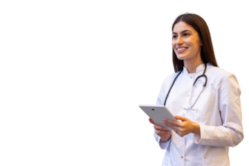 Female medical professional wearing lab coat and stethoscope holding tablet and looking away, smiling, on a transparent background