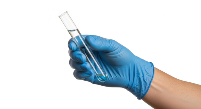 Hand in glove holding test tube with liquid isolated on transparent background - Powered by Adobe
