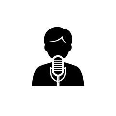 Silhouette of a person speaking into a microphone.