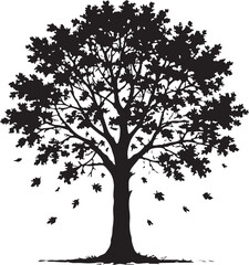 Obraz premium Black silhouette of a deciduous tree with falling leaves white