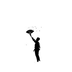 Silhouette of a person holding a fan dramatically.