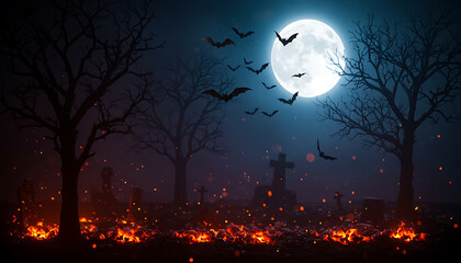 Spooky Halloween Night Graveyard Scene with Bats and Full Moon