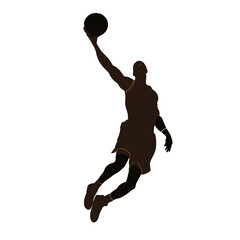 A dynamic silhouette of a basketball player in mid-air, poised to score.