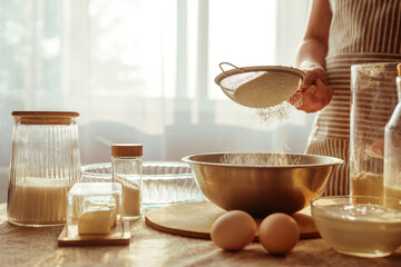 
A person in a striped apron sieves flour into a metal bowl, surrounded by baking ingredients like butter, eggs, and glass containers with dry goods, bathed in warm natural light.
