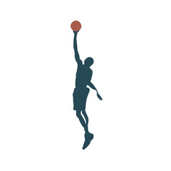 A basketball player's silhouette in mid-air, about to shoot the ball.