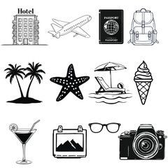 Plakat Vector Travel Icon Set Featuring Hotel, Airplane, Passport, Palm Island, Beach Chair, Camera, Cocktail – Minimalist Vacation Symbols for Digital Use