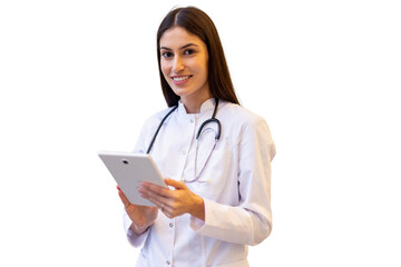 Fototapeta premium Female doctor wearing lab coat and stethoscope, holding digital tablet and smiling on transparent background