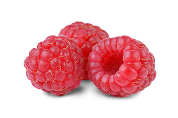 Macro image of three of fresh ripe red raspberries isolated on white, transparent background....