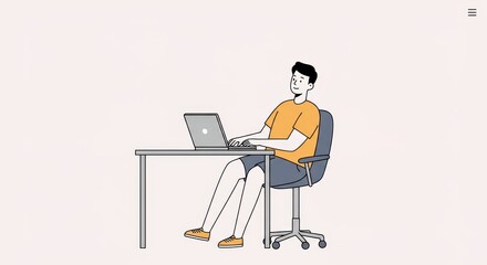 Creative freelance artist working with computer at desk in modern minimalist illustration
