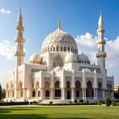 Majestic white mosque with ornate details under a clear sky