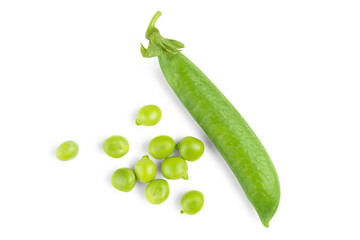 Open green pea pod with individual peas scattered around, isolated on white, transparent...