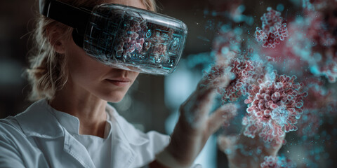 Female scientist in lab coat using virtual reality headset to study clinical nutrition and molecular structures in laboratory environment