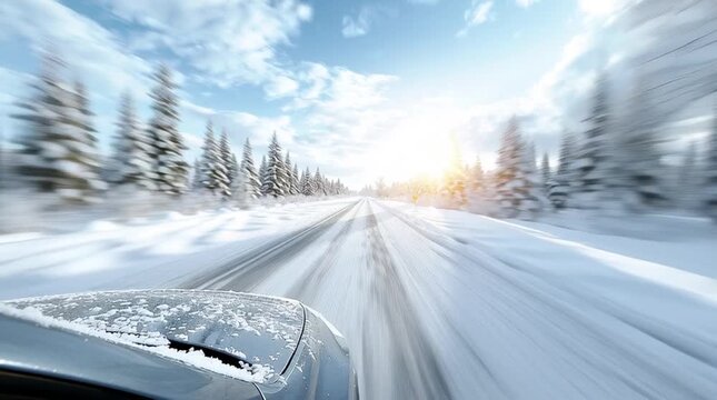 Car driving in the snowy winter weather on a cold seasonal highway