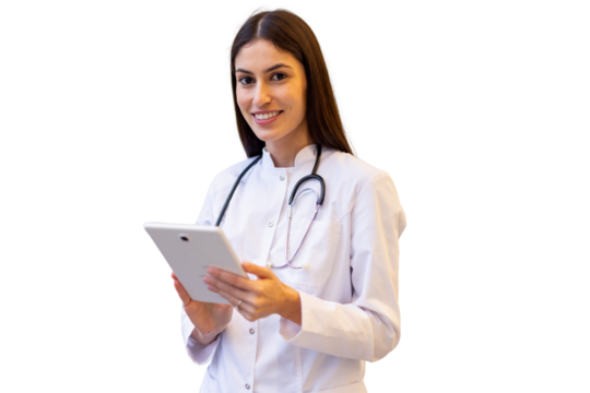 Female doctor wearing lab coat and stethoscope, holding digital tablet and smiling on transparent background