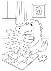 Coloring book crocodile solving a jigsaw puzzle inside a house.