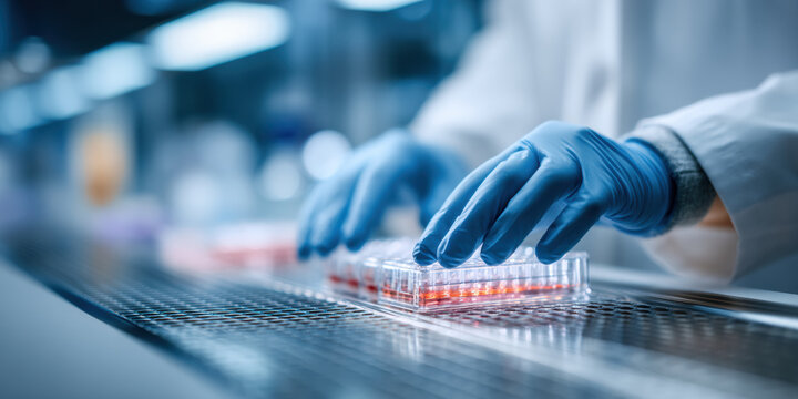 Clinical nutrition lab research involves gloved hands handling cell culture plates with precision in modern laboratory environment