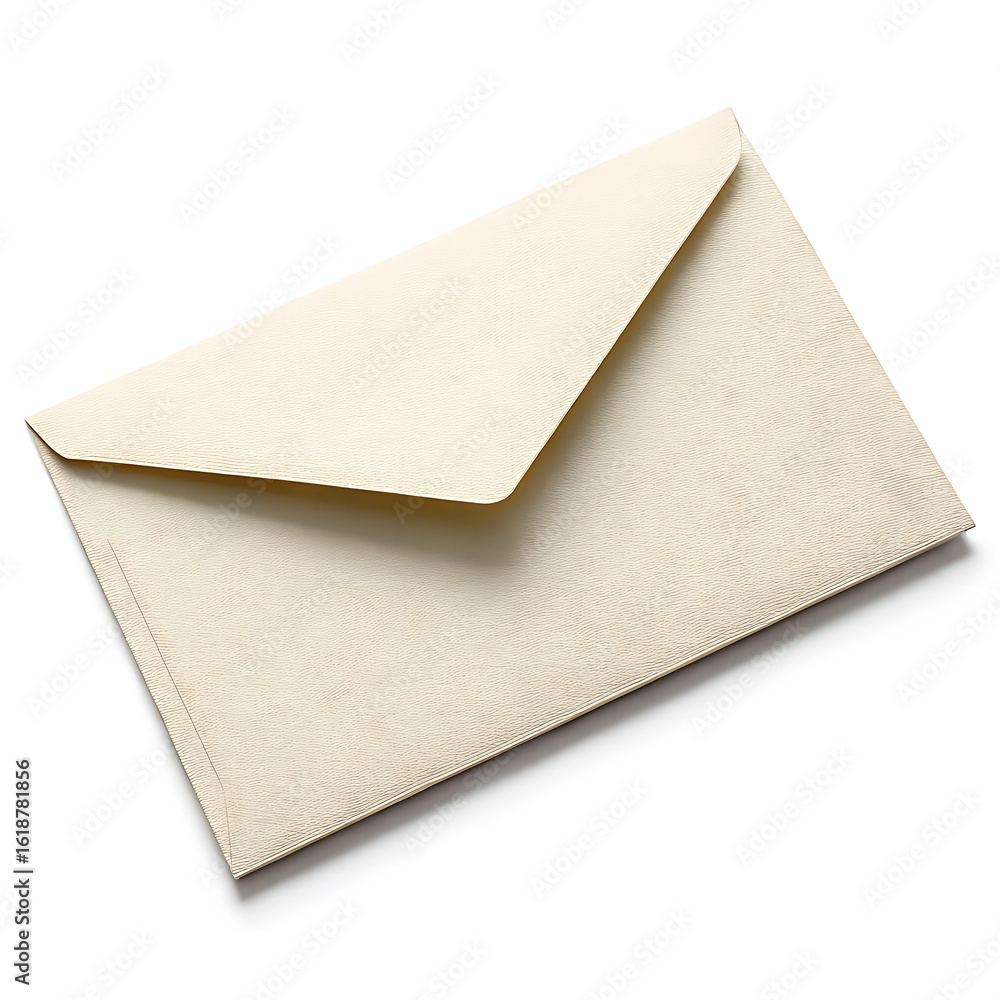 Poster a slightly angled close up of a cream colored textured envelope on a plain white background surface