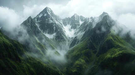 Mountains cloaked in morning mist, with soft light creating a peaceful and adventurous nature atmosphere.